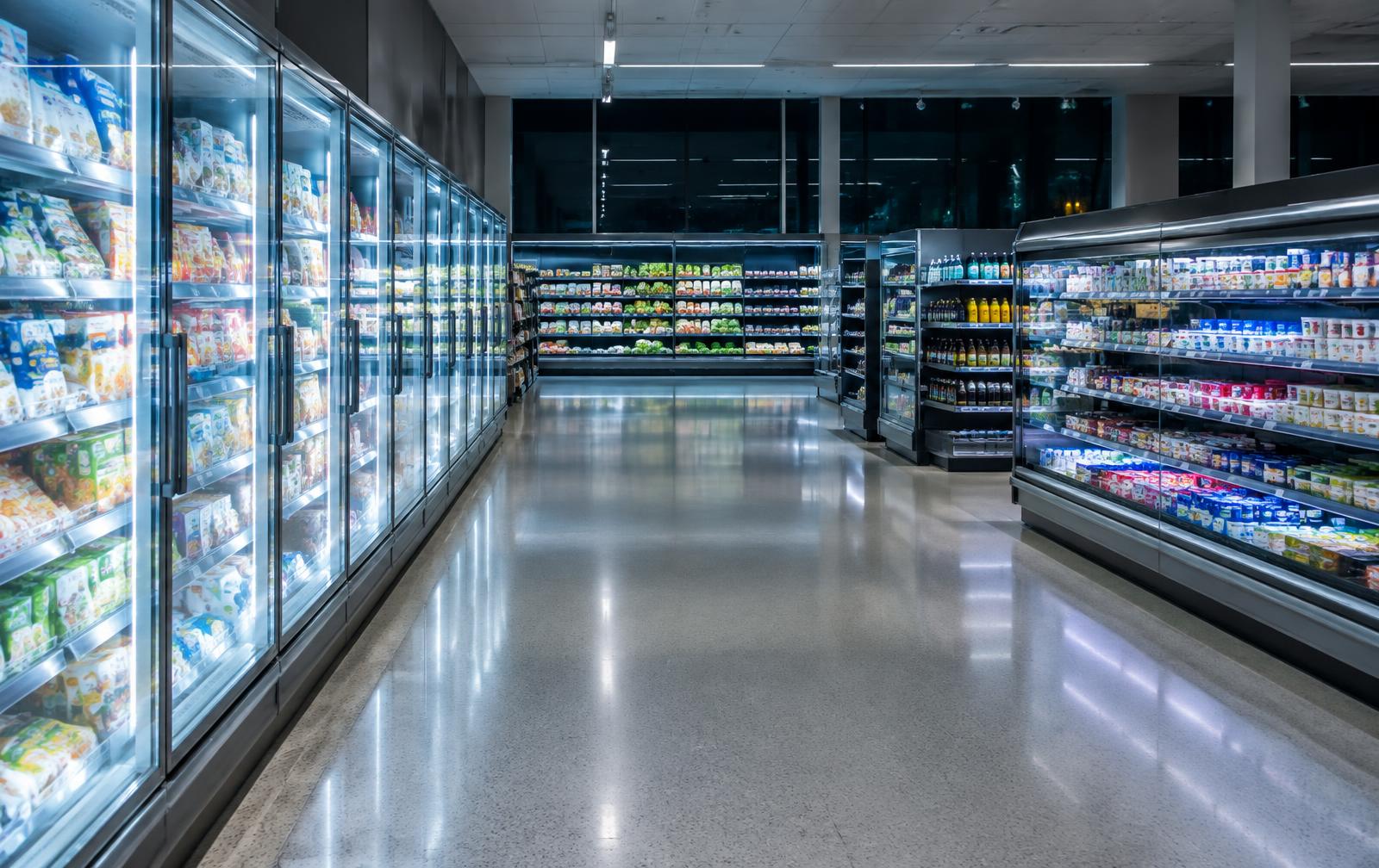 Supermarket aisle after closing